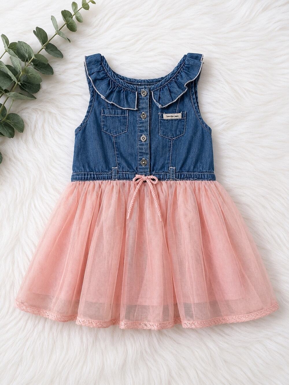Calvin Klein Jeans Girls Denim & Pink Tulle Dress Ruffle Button Front Size 4T